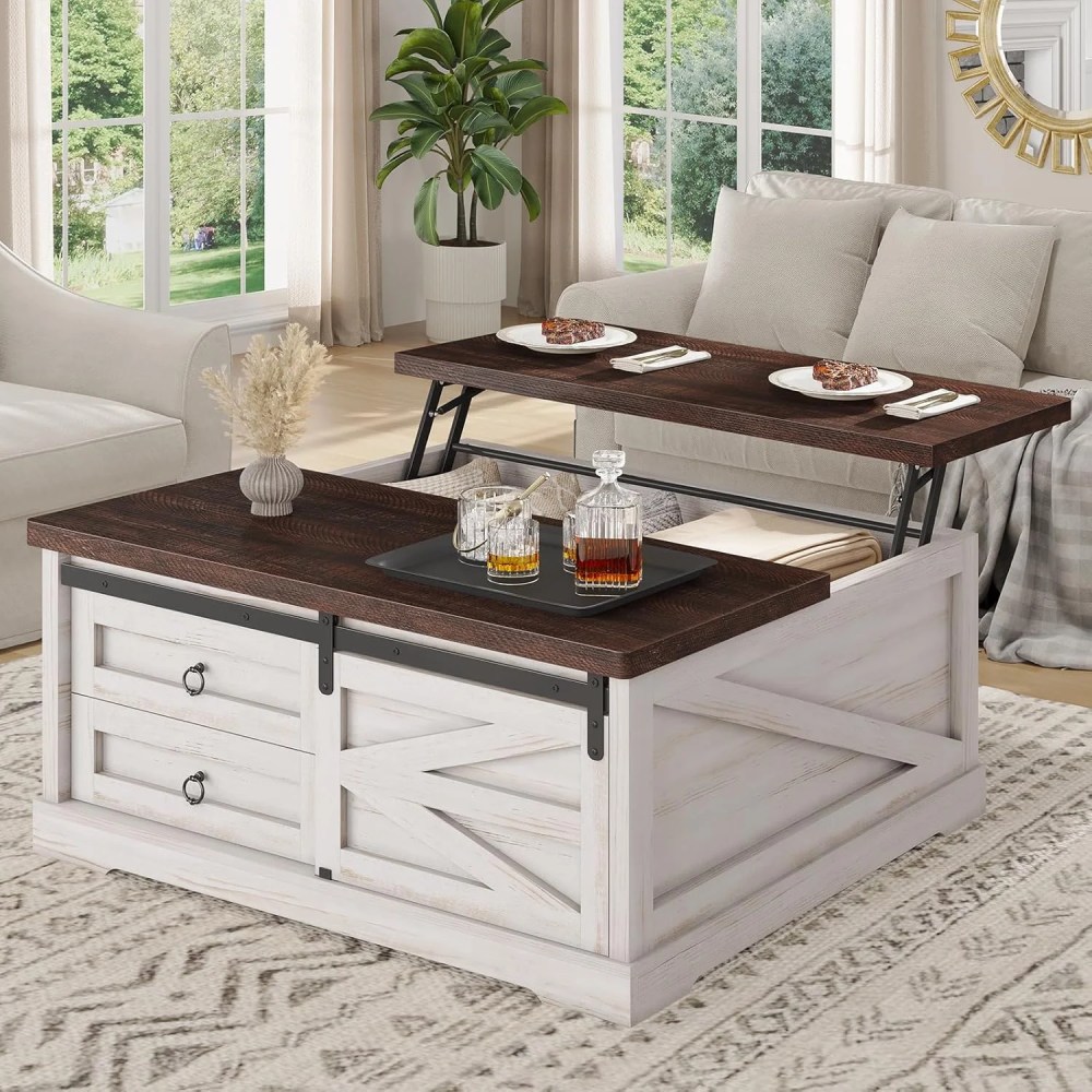39.4" Lift-Top Coffee Table with Storage,Farmhouse Square Coffee Table with Drawers,Sliding Door and Hidden Storage Compartment,Center Table Gaming Station or Workspacefor Living Room,White