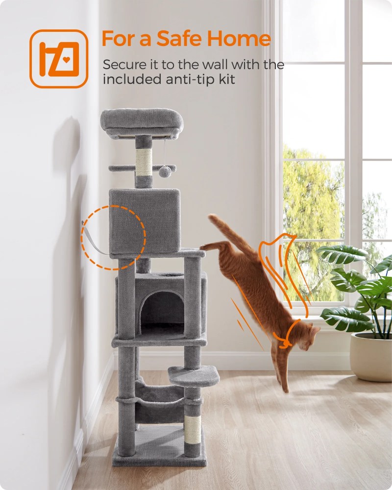 61"H Cat Tree Cat Tower for Indoor Cats, Plush Multi-Level Cat Condo with Scratching Posts, Perches, Caves, Hammock, Light Gray - Image 6