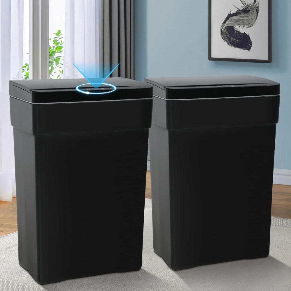 13 Gallon Kitchen Trash Can,Automatic Trash Can 50L Garbage Bin Touch Free Trash Can with Lid High-Capacity Waste Bins for Bedroom Bathroom Home Office Plastic Sensor Trash Can,Black-Set of 2