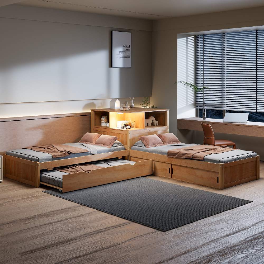 Euroco Pine Wood L-Shaped Twin Platform Bed with Storage Desk, Cabinets, Trundle and LED Light for Kids Teens, Natural - Image 7