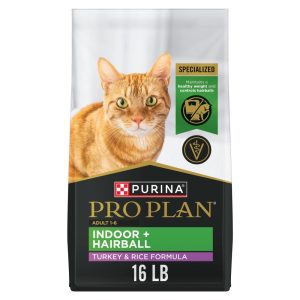 Purina Pro Plan Adult Dry Cat Food Indoor  Hairball Turkey and Rice Formula,  16 lb.