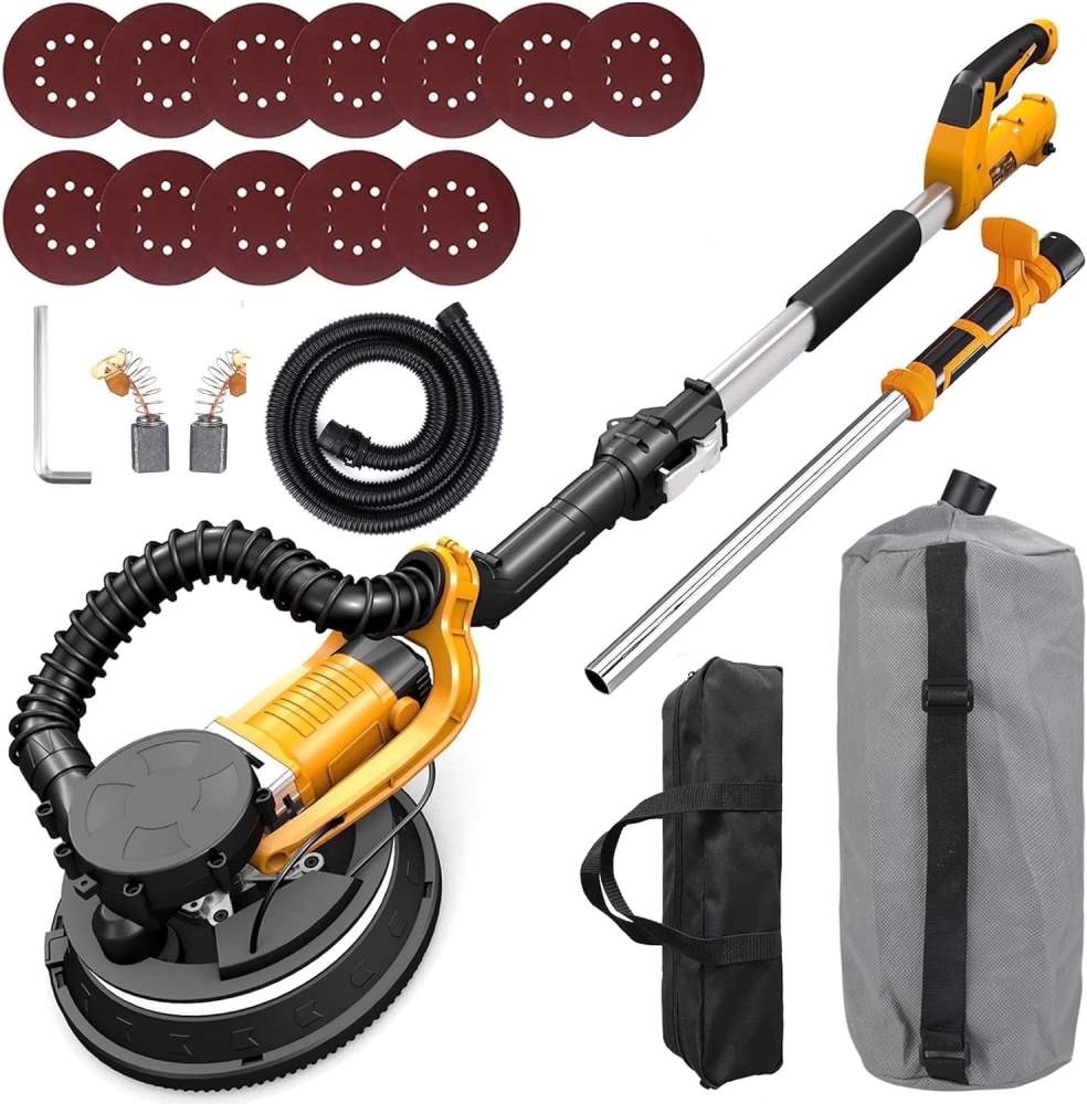 ZHJAN Electric Drywall Sander with Vacuum - Heavy Duty 880W,5-Speed 1000-2100RPM,Extendable Handle,12 Discs & Dust Bag,LED Light (59")