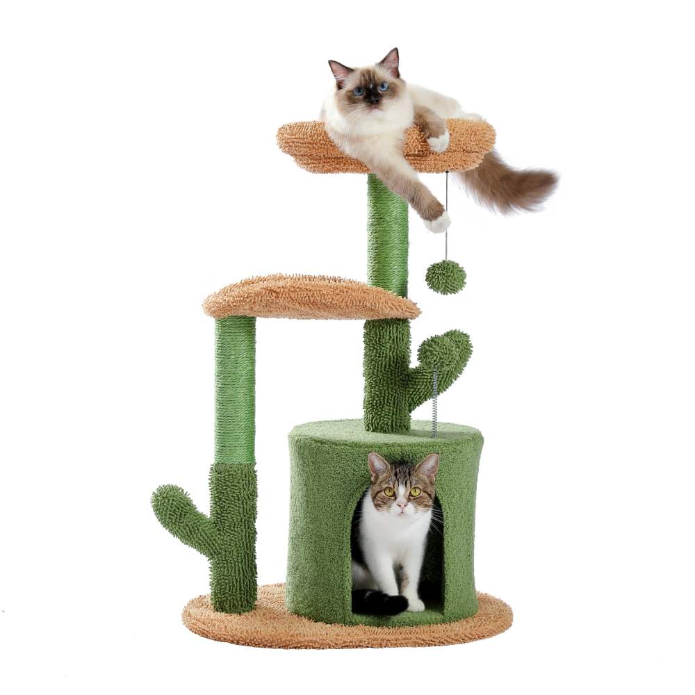 Pefilos 32" Cactus Cat Tree for Indoor Cat Tower with Cat Condo for Multiple Cats, Modern Cat Tree House for Small and Medium Cats, Green