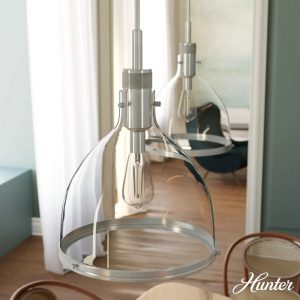 Hunter - Van Nuys 1-light Brushed Nickel, Medium Size Pendant Light, Dimmable, Transitional Style, Bell Shaped, for Bedrooms, Dining, Living Rooms - 19298