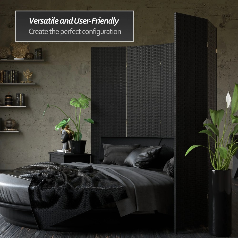 Red Lantern 7 ft. Tall Woven Fiber Folding Screen - Black - 8 Panel - Image 5