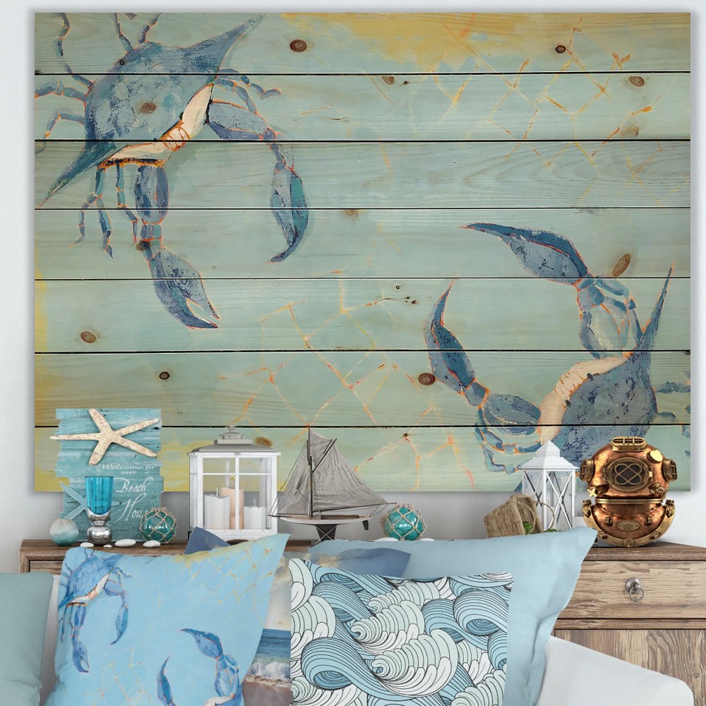 Designart 'Blue Coastal crab Battle' Nautical & Coastal Print on Natural Pine Wood - Image 3