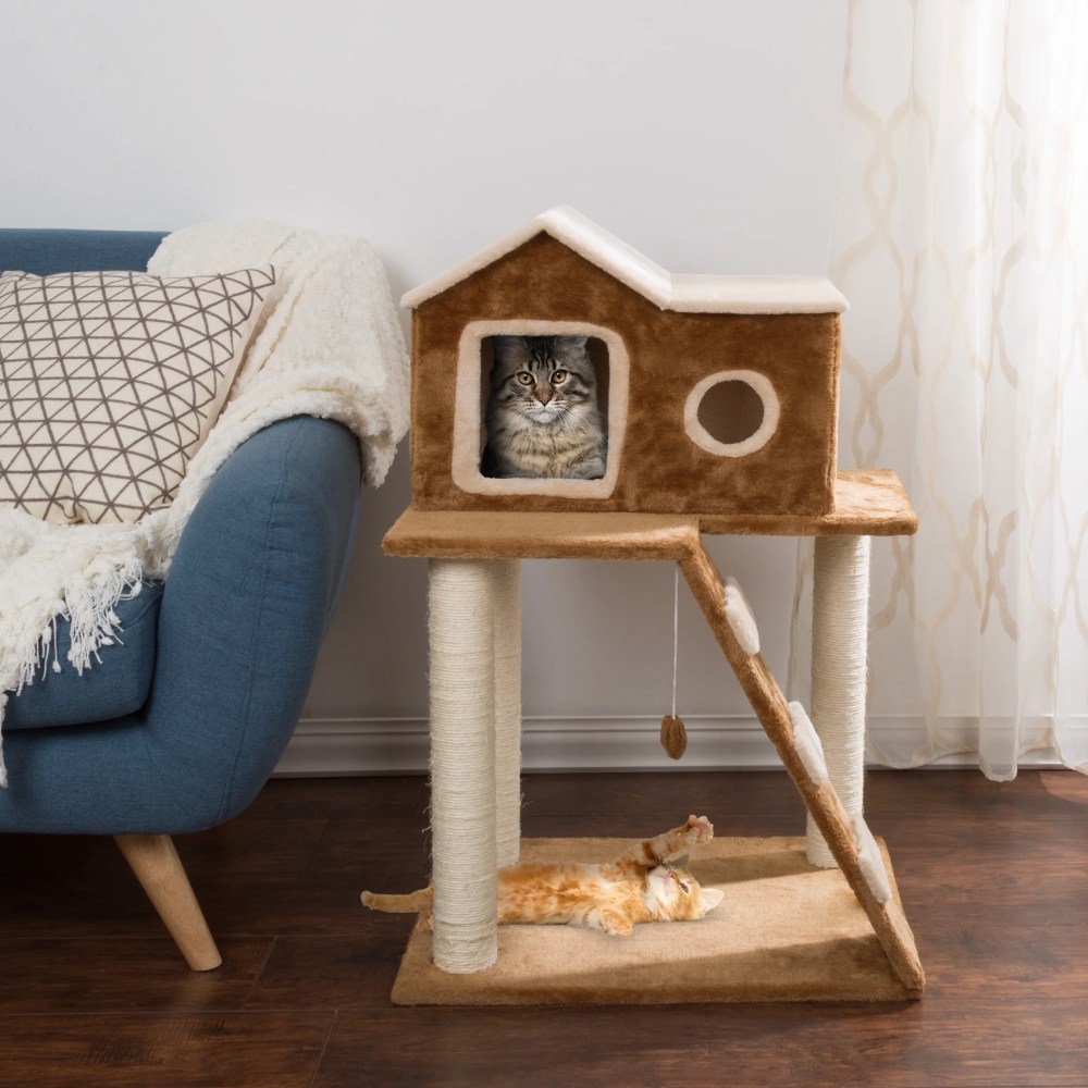 PETMAKER 35in Cat Tree with Ladder, House, Scratch Posts, and Toy (Brown) - Image 6