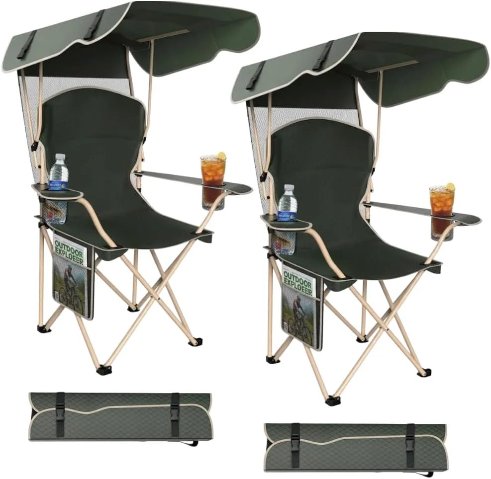 2-Pack Portable Folding Camping Chairs with Canopy Shade, Beach Chair for Adults, Durable Weather Resistant 600D Oxford Cloth, Camping Chair with Canopy for Outdoors