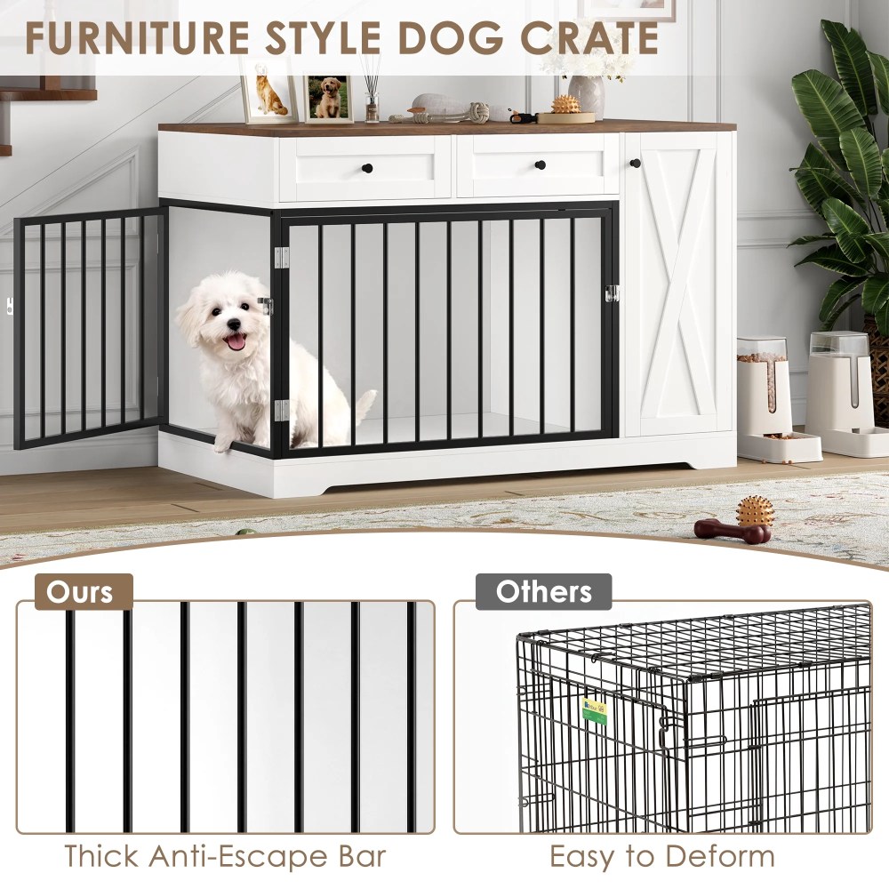 Homfa Dog Crate with Storage Cabinet and 2 Drawers, Indoor Furniture Style Wooden Large Dog Kennel, White - Image 8