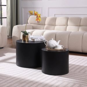Williamspace Round Coffee Table Set of 2,Modern Nesting Side Table Matte Black End Table for Living Room Bedroom Apartment Office