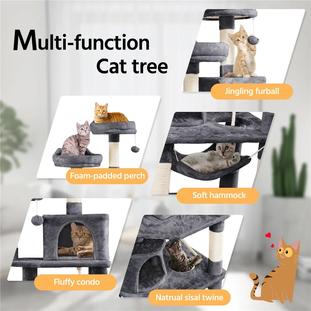 Alden Design 62" Tall Double Condo Cat Tree and Scratching Post Tower, Dark Gray - Image 13