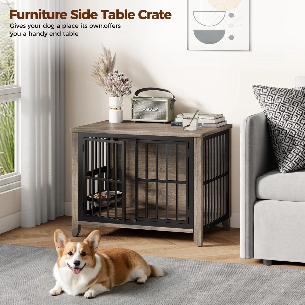 GIKPAL Dog Crate Furniture with 2 Adjustable Bowls, 32" Dog Cage Kennels for Inside with Lockable Doors, Heavy Duty Pet House End Table for Small Medium Dogs, Gray - Image 7