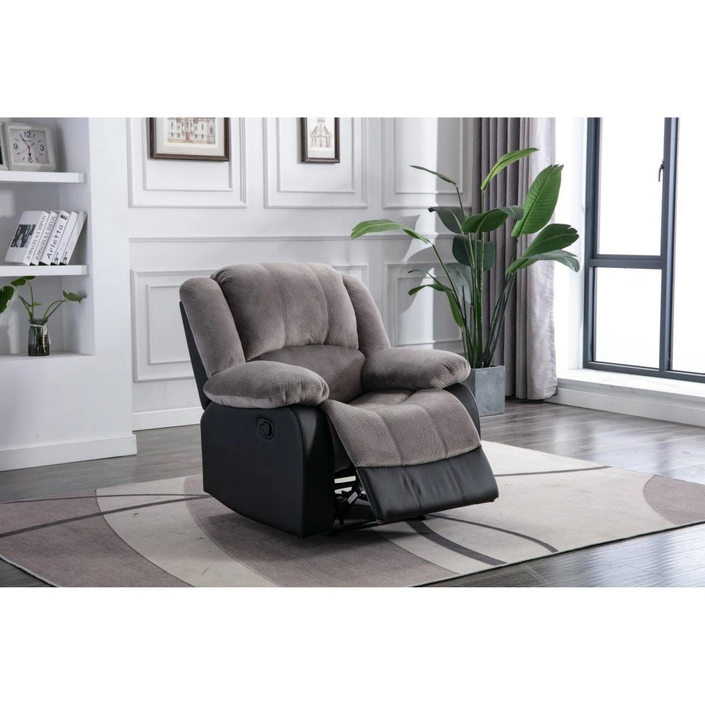 Nathaniel Home Champion Manual Single Reclining Sofa, PU Leather Upholstered Couch, Tufted Recliner, Plush Scoop Seating, for Living Room Home Theater, Beige - Image 4