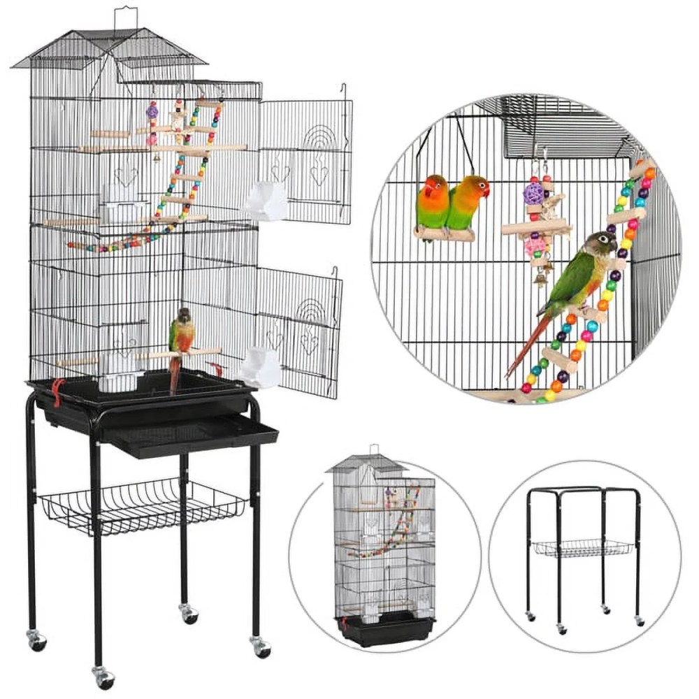 Alden Design 62.4"H Metal Rolling Mid-Size Bird Cage with Detachable Stand, Black - Image 10