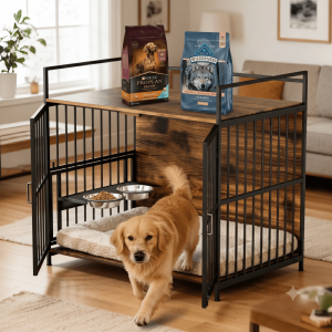 Nygira 41 Inch Dog Crate Furniture with 360'Rotatable Bowls,  Wooden Kennel with Double Doors for Large Dogs,  Indoor Pet House End Table,  Rustic Brown