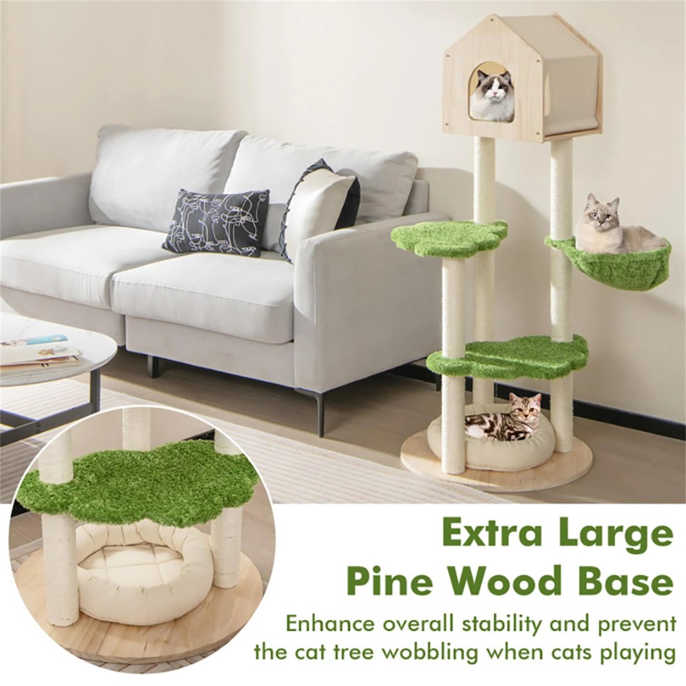Pefilos 55" Cat Tree Condo for Multiple Cats Furniture Cat Tree House for Outdoor Cat Tower for Indoor Cats Large Pet Club, Beige - Image 8