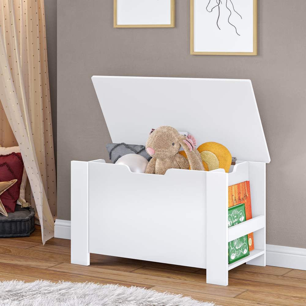 RiverRidge Kids Toy Box Playroom Storage Chest Organizer with Side Bookracks - White