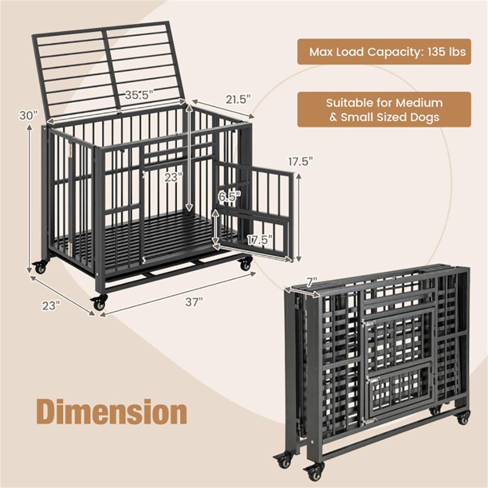 Pefilos 37" Foldable Heavy Duty Dog Cage, Metal Escape Proof Kennel, Chew-proof Dog Crates for Medium Dogs with Tray, Black - Image 2