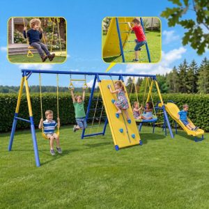 6 in1 Metal Swing Sets, Gardwin Heavy-Duty Outdoor Swing sets for Backyard, Playground, Outside Toys with Climber Net, Climber Wall, Saucer Swing, Wave Slide, Belt Swing , Trapeze Bar for 7 Kids Aged