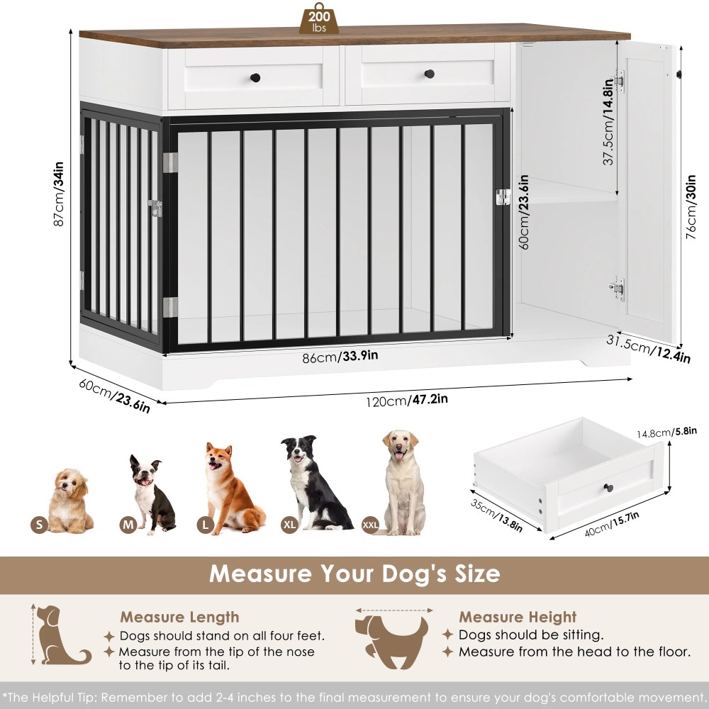 Homfa Dog Crate with Storage Cabinet and 2 Drawers, Indoor Furniture Style Wooden Large Dog Kennel, White - Image 7