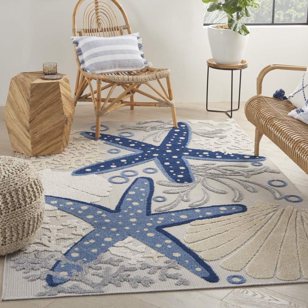 Nourison Aloha Indoor/Outdoor Coastal Tropical Blue/Grey 5'3" x 7'5" Area Rug, (5" x 7")
