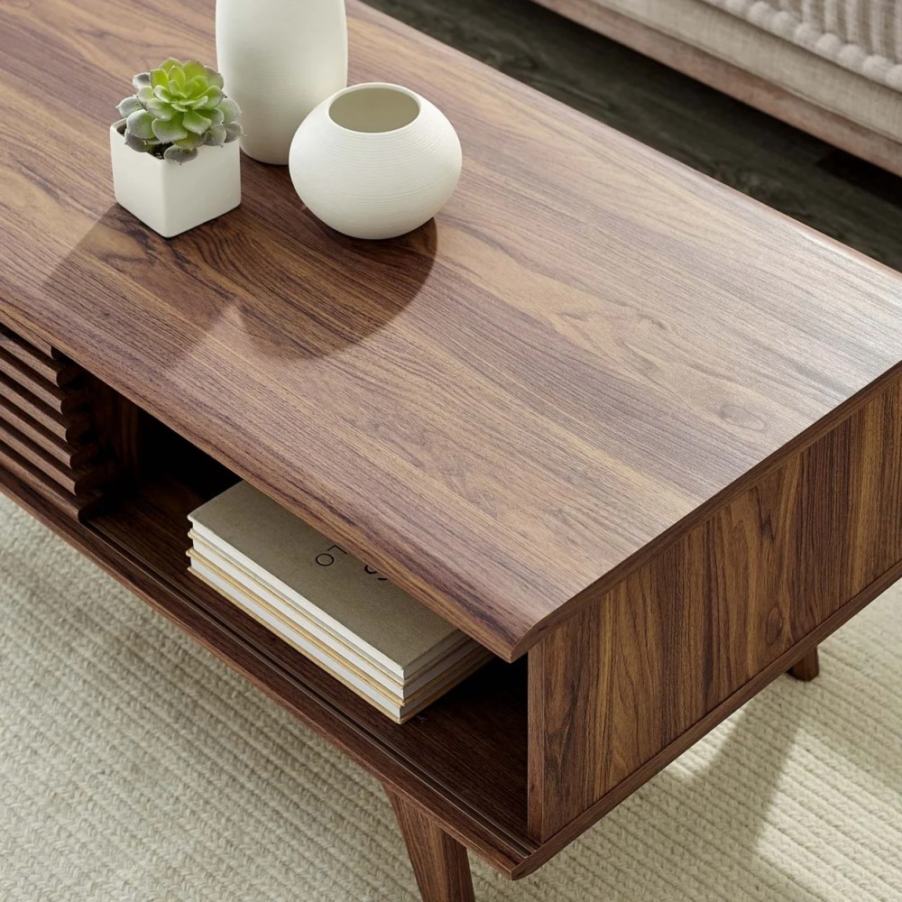 Modway Render Wood Coffee Table with Sliding Door in Walnut Finish - Image 4