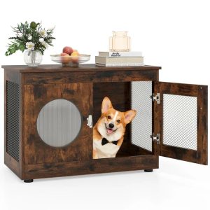 Resenkos Furniture-Style Dog Crate with Translucent Window and Lockable Door,  Rustic Brown