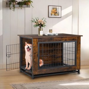 Walsunny Wooden Dog Crate Furniture, Double-Doors Kennel Indoor with Divider and Removable Tray, End Table Dog Crate for Decoration 38.6"L x 25.6"W x 26.8"H, Brown