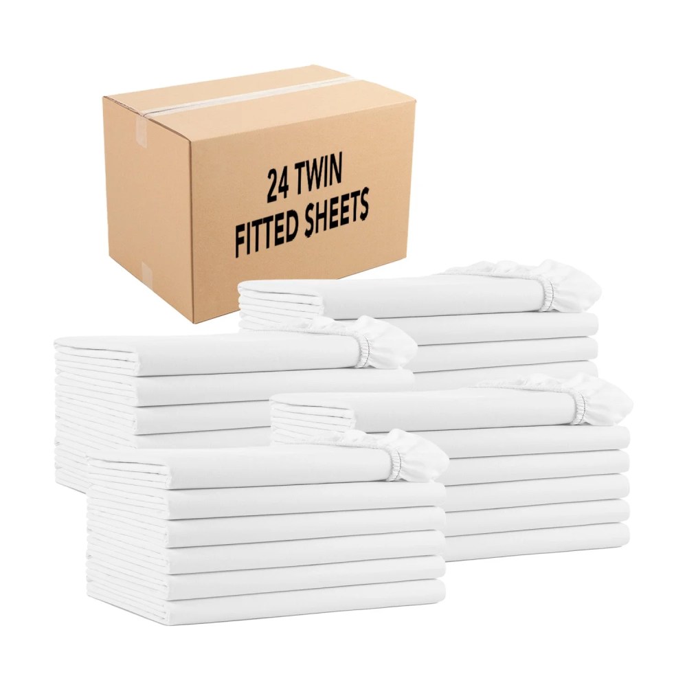 Arkwright Bulk Fitted Bed Sheets (Case of 24) - 180 Thread Count - Soft Poly/Cotton - White - Twin Size