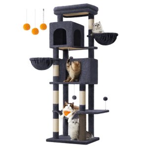 69 Inch Tall Cat Tree Tower for Indoor Cats,  Multi-Level Cat Condo with 2 Caves,  2 Baskets,  5 Scratching Posts,  Self-Groomer,  Perch,  and Hammock,  Dark Gray