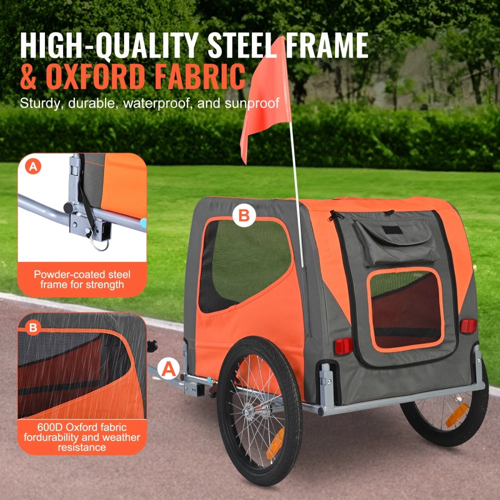 KFFKFF Pet Bicycle Trailer for Dogs and Cats Water-Resistant Steel, Gray Orange - Image 7