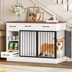 Selooye Large Dog Crate Furniture,  Sturdy 2-Door 47.2" Wooden Furniture Style Crate for Dogs with 3 Storage Drawers and Hidden Feeding Bowl