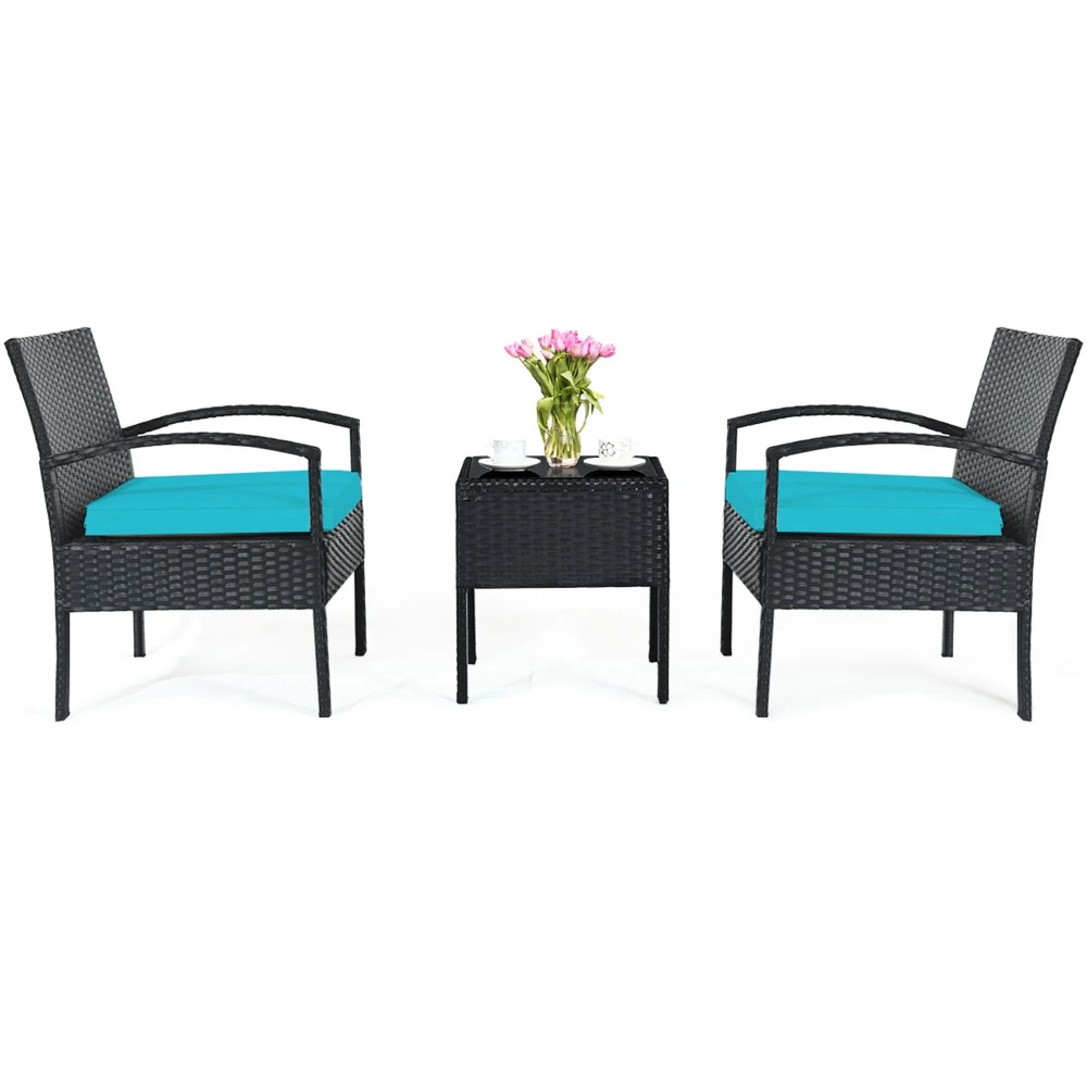 Gymax 3PCS Patio Rattan Conversation Furniture Set Outdoor Yard w/ Turquoise Cushions - Image 8