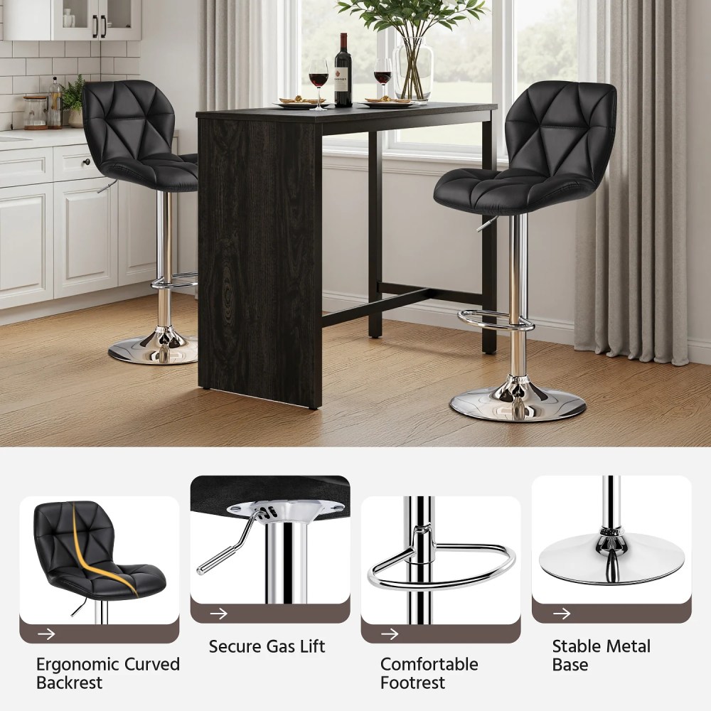 Yaheetech Set of 2 Adjustable Modern PU Leather Swivel Bar Stools with Backrest, Black - Image 4