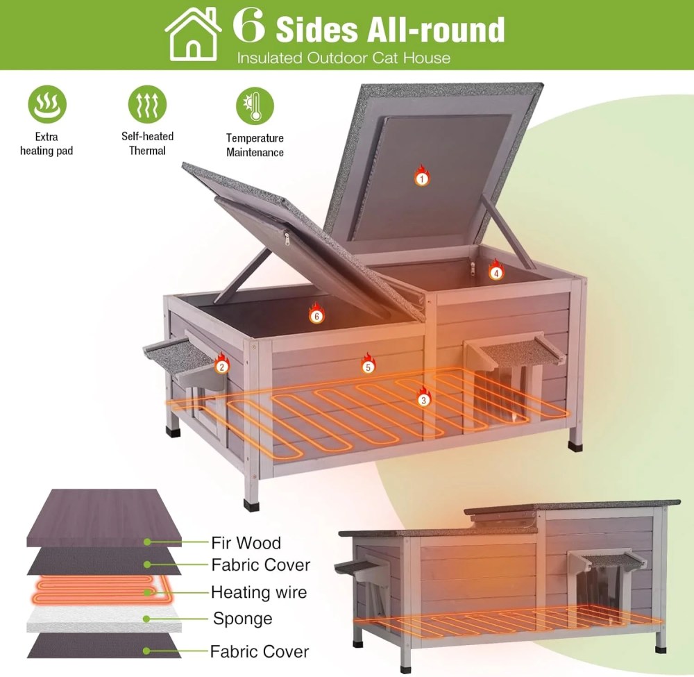 Aivituvin Heated Cat House Outdoor Cat House Insulated Large Weatherproof Feral Cat Shelter with Heated Pad, Insulated All-Round Thermal Liner, Chewproof Cable for 1-4 Cats - Image 9