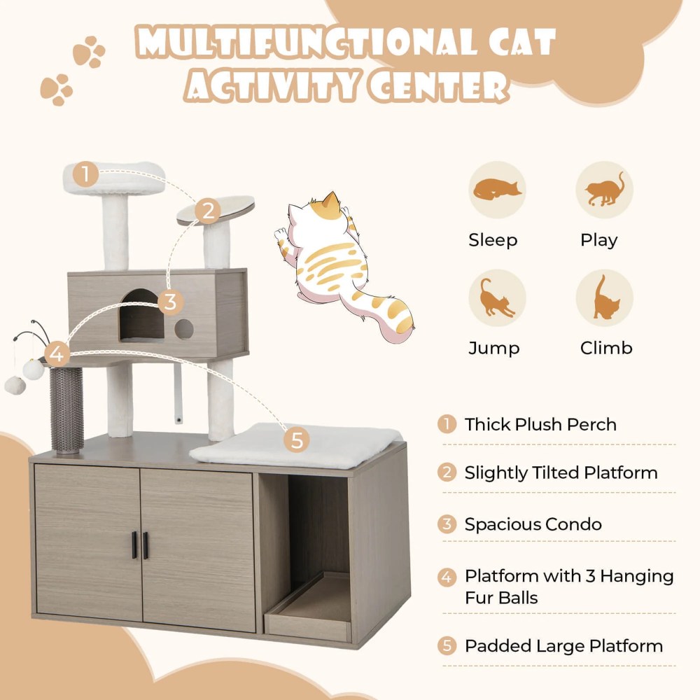 Gymax Cat Tree with Litter Box Enclosure 2-in-1 Modern Cat Tower with Cat Condo - Image 8