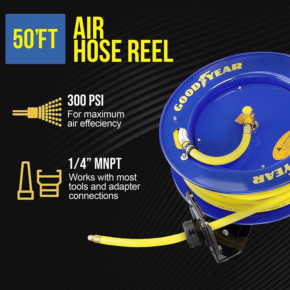 Goodyear L815153G Steel Retractable Air Compressor/Water Hose Reel with 3/8 in. x 50 ft. Rubber Hose, Max. 300PSI - Image 3