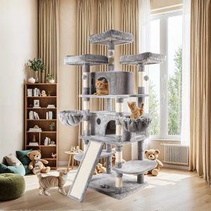 Allewie 68" Multi-Level Large Cat Tree and Tower with Cat Condo House,  Scratching Posts & Board,  Gray