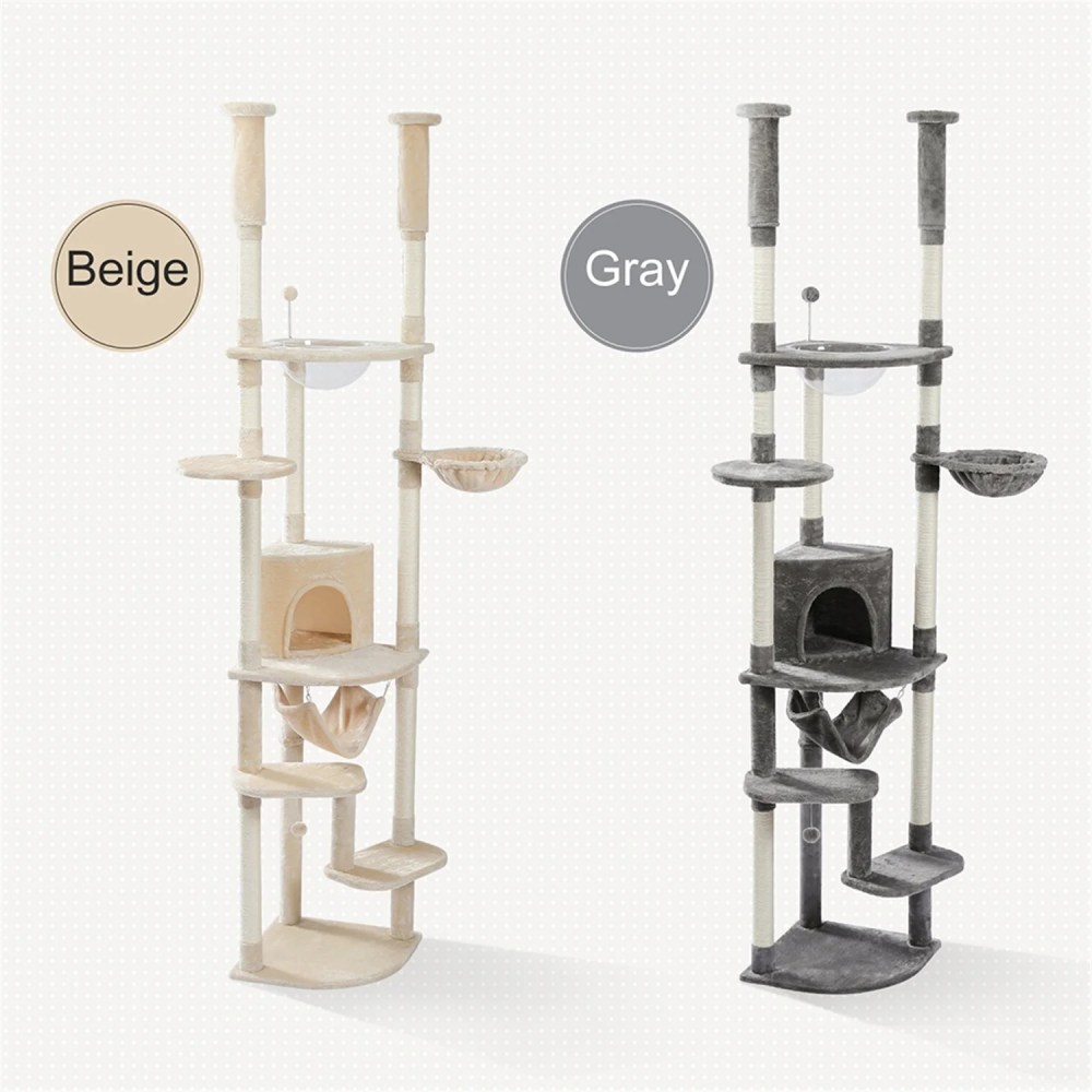 Pefilos Floor to Ceiling Cat Tree for Indoor 92.9"-101.6" Height Adjustable Cat Tower Tall Kitty Climbing Play House with Scratching Posts, Cozy Cat Condo, Perches and Large Hammock, Beige - Image 7