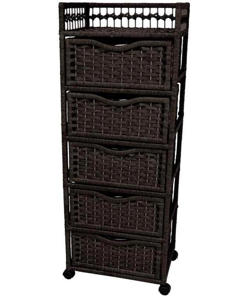 OrientalFurniture Handmade Wood and Natural Fiber Wheeled 5-drawer Chest (China) Black 17.25"W x 12.50"D x 46.00"H Matte - Image 2