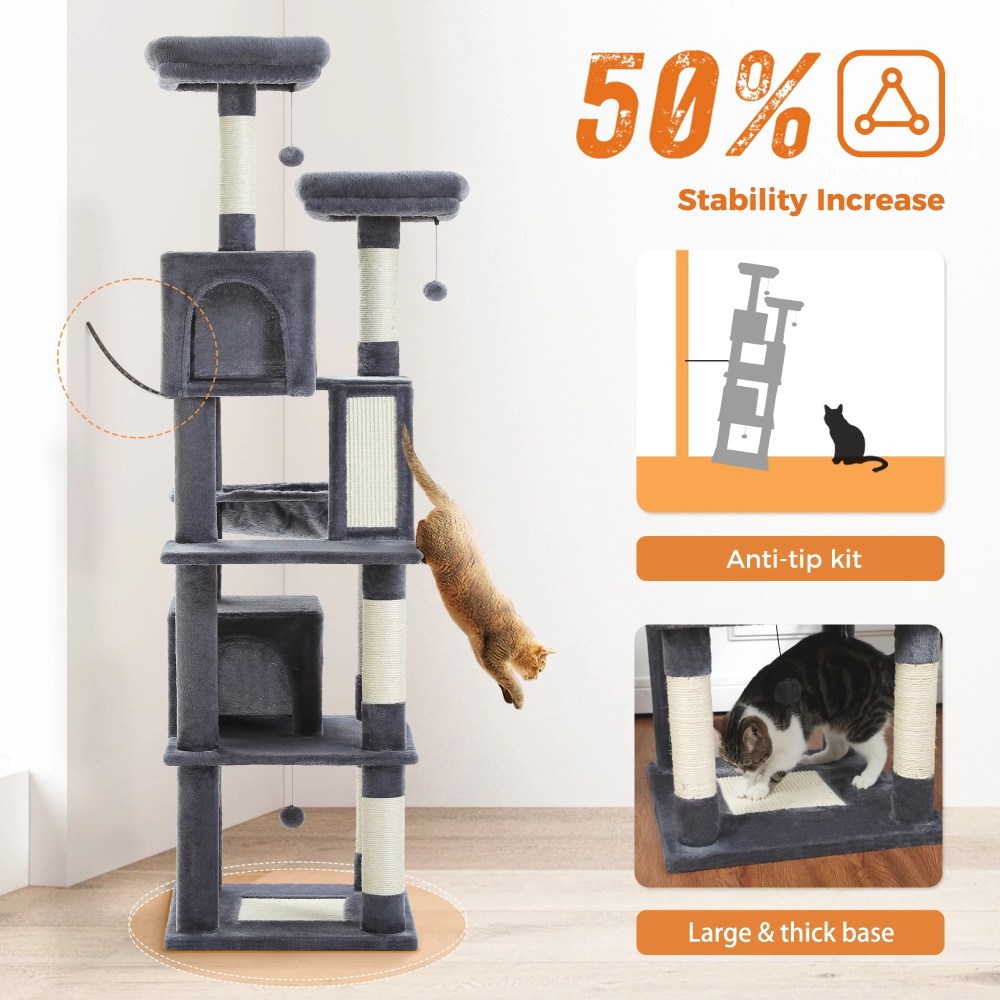 PEQULTI 71 " Large Cat Tree Tower for Cat with Dual Condos and 6 Scratching Posts Indoor Dark Gray - Image 10