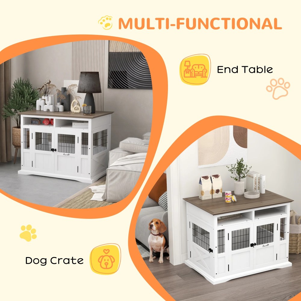PawHut Dog Crate Furniture Side End Table with Storage, 41" Modern Wooden Dog Kennel Furniture with Double Doors for Small and Medium Dogs, White - Image 6