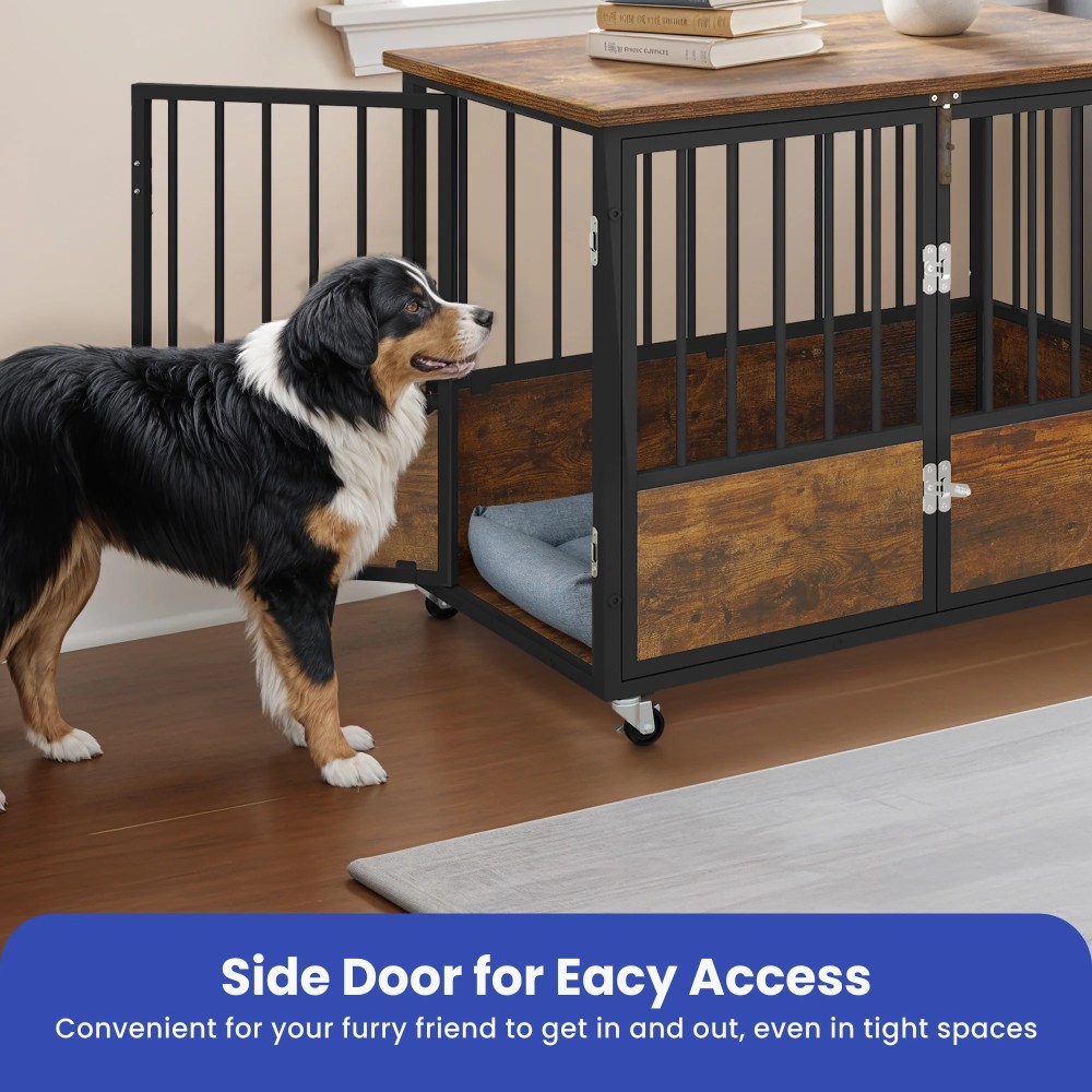 ModFusion 38" Double Door Dog Crate with Wooden Top for Storage, Locking Casters, and Waterproof Surface-Durable, Easy-to-Clean Pet Crate - Image 3