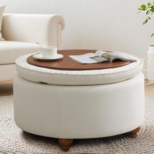 30" Round Ottoman with Storage,Modern Tufted Storage Ottoman with Removable Top for Living Room,Bedroom,Beige