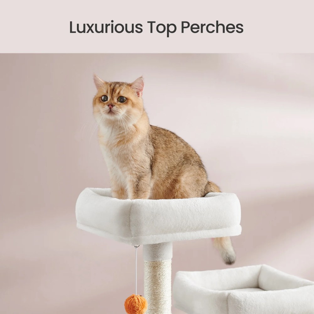 LEDREM 66.1-Inch Multi-Level Cat Tree Tower with 2 Perches, 2 Caves, Hammock & 13 Scratching Posts-Plush Climbing Condo for Indoor Cats, Cream White - Image 6