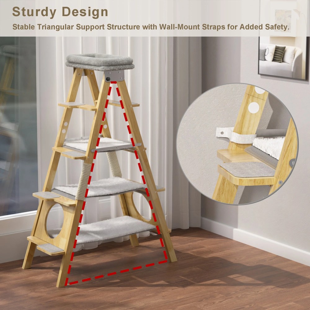 GDLF Modern Solid Wood Cat Tree Foldable Ladder Design with Cat Hammock & Sisal Scratch Post Easy Clean 60"H - Image 6
