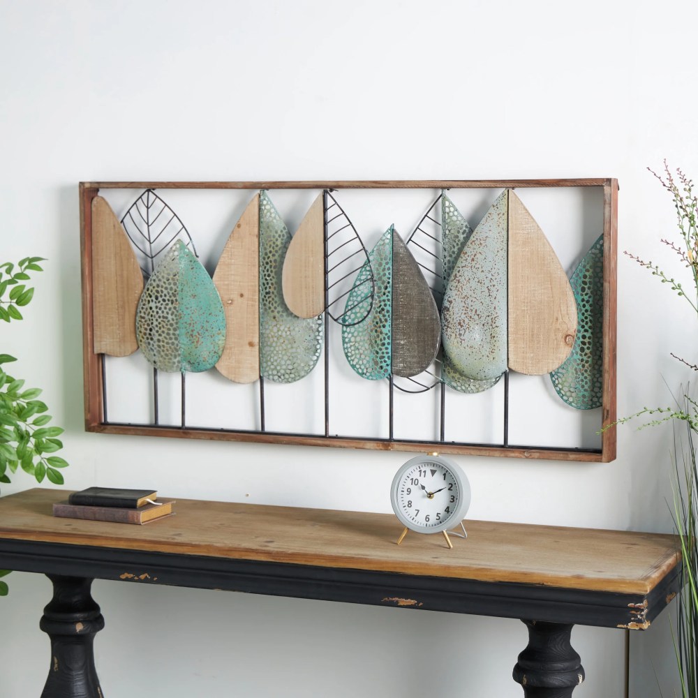 DecMode Brown Wood Cutout Leaf Wall Decor with Green and Black Metal Wire Accents - Image 7