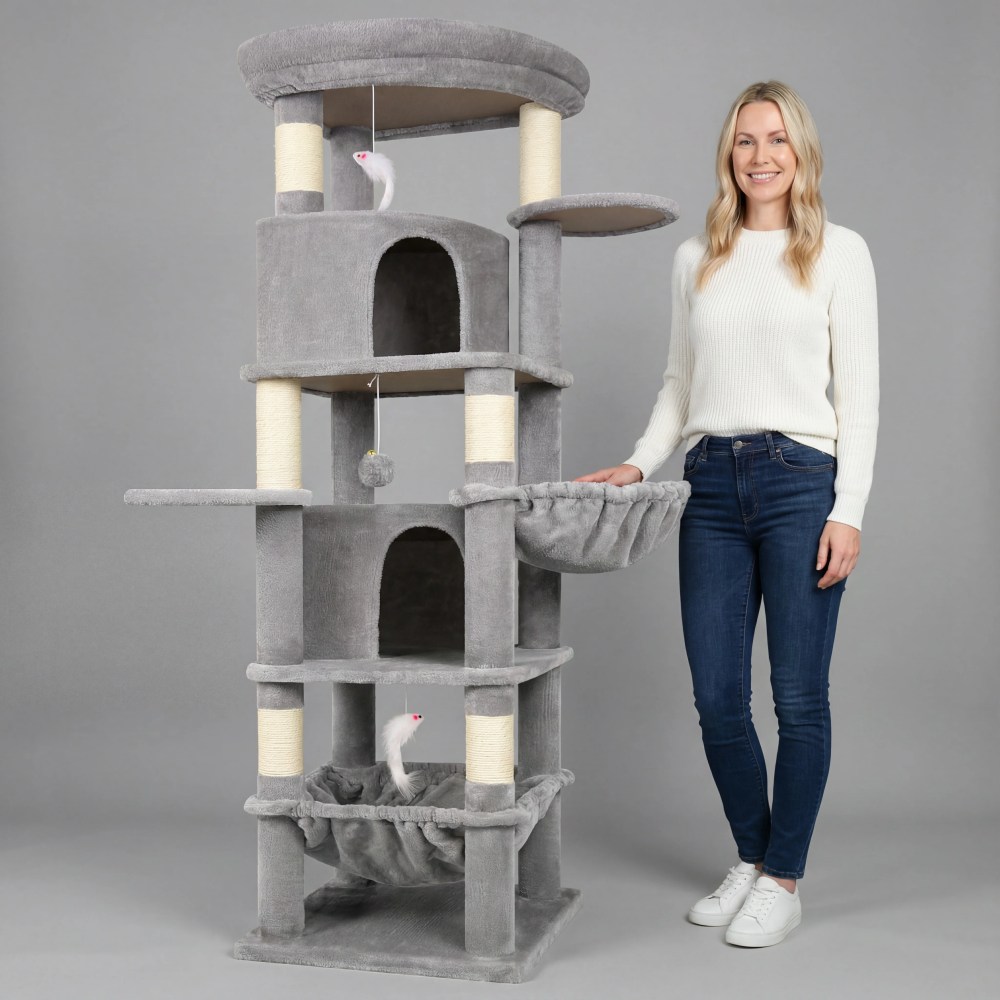 Globlazer 68" XL Corner Cat Tree Tower Condo for Large Cats - 6 Sisal Scratching Posts, 2 Condos, Hammock & Hanging Basket, Light Grey - Image 2
