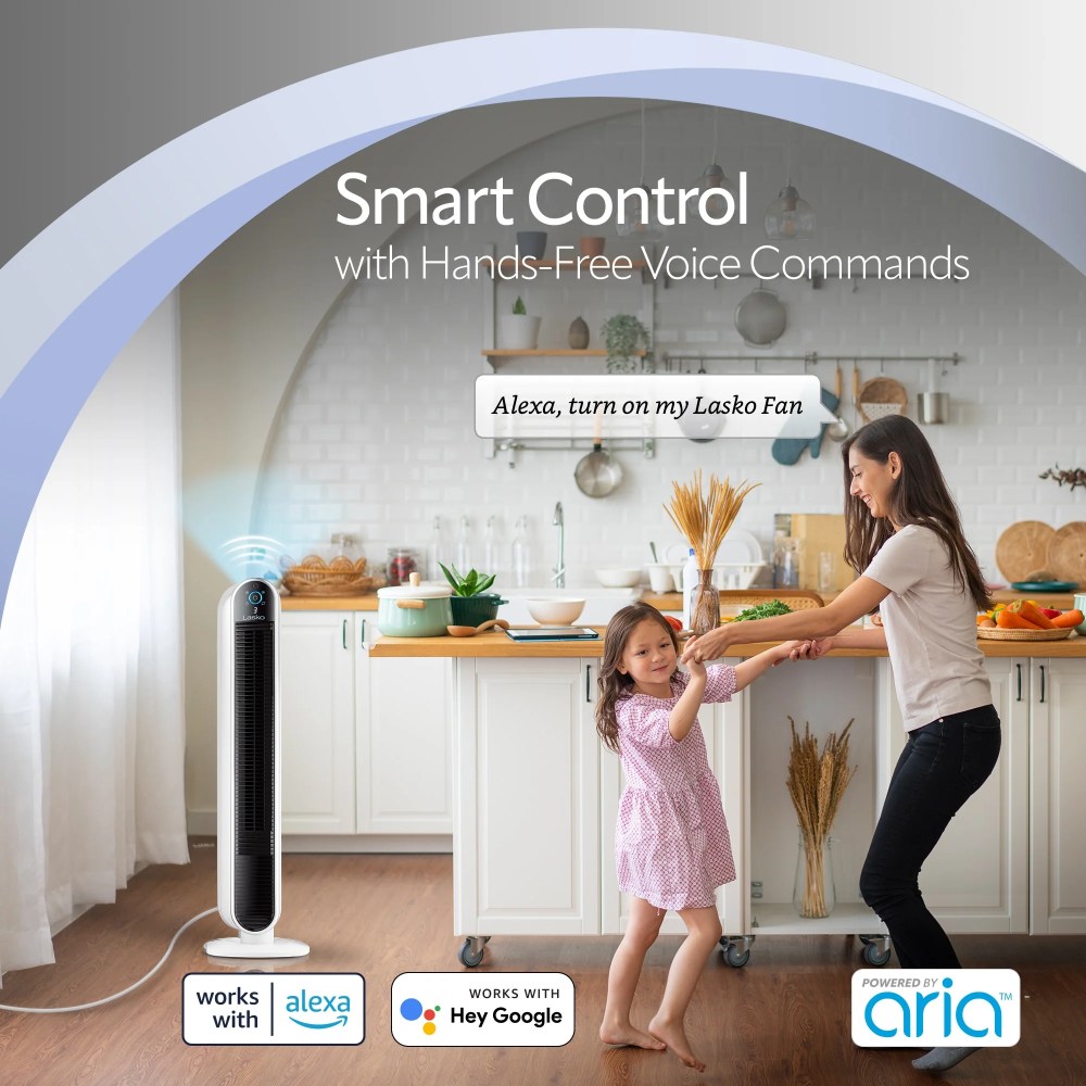Lasko 40" 5-Speed Smart Tower Fan Powered by Aria, Wi-Fi Connected, Alexa, Google, White, T40735 - Image 4