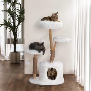 JAXPETY 42-in Modern Cat Tree Tower for Large Cats,  Natural Branch Cat Condo with 3 Platforms,  Scratching Posts,  Cat Cave Bed,  White